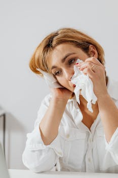 A woman indoors in a white shirt wiping tears with a tissue, conveying emotion.