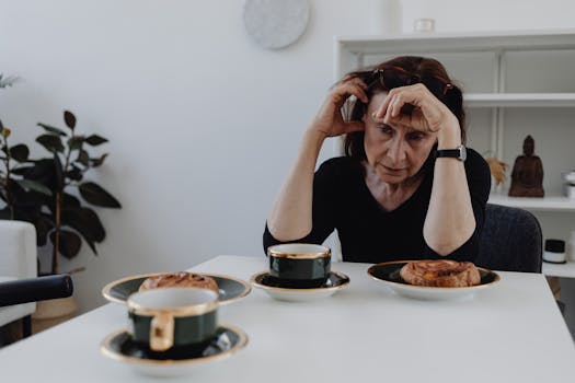 A thoughtful woman sits at a table with coffee and pastries, conveying a sense of solitude.